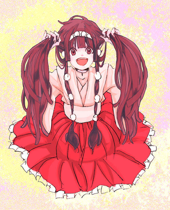 :d alluka_zoldyck bad_id bad_pixiv_id birdtori bunching_hair full_body hair_tucking hunter_x_hunter long_hair long_skirt looking_at_viewer male_focus multi-tied_hair open_mouth pom_pom_(clothes) red_skirt sidelocks skirt smile solo twintails very_long_hair