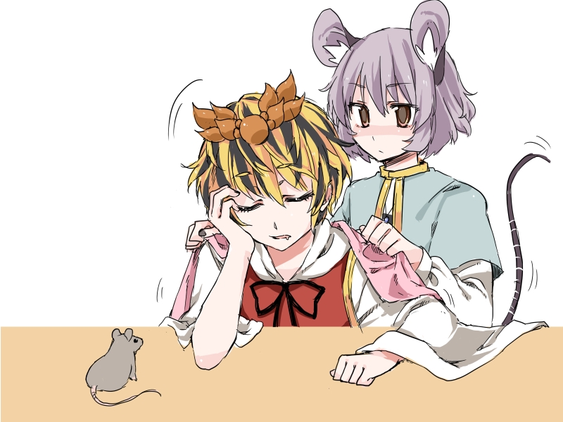 akagashi_hagane animal_ears bad_id bad_pixiv_id blonde_hair closed_eyes grey_hair mouse mouse_ears mouse_tail multiple_girls nazrin short_hair simple_background tail toramaru_shou touhou white_background