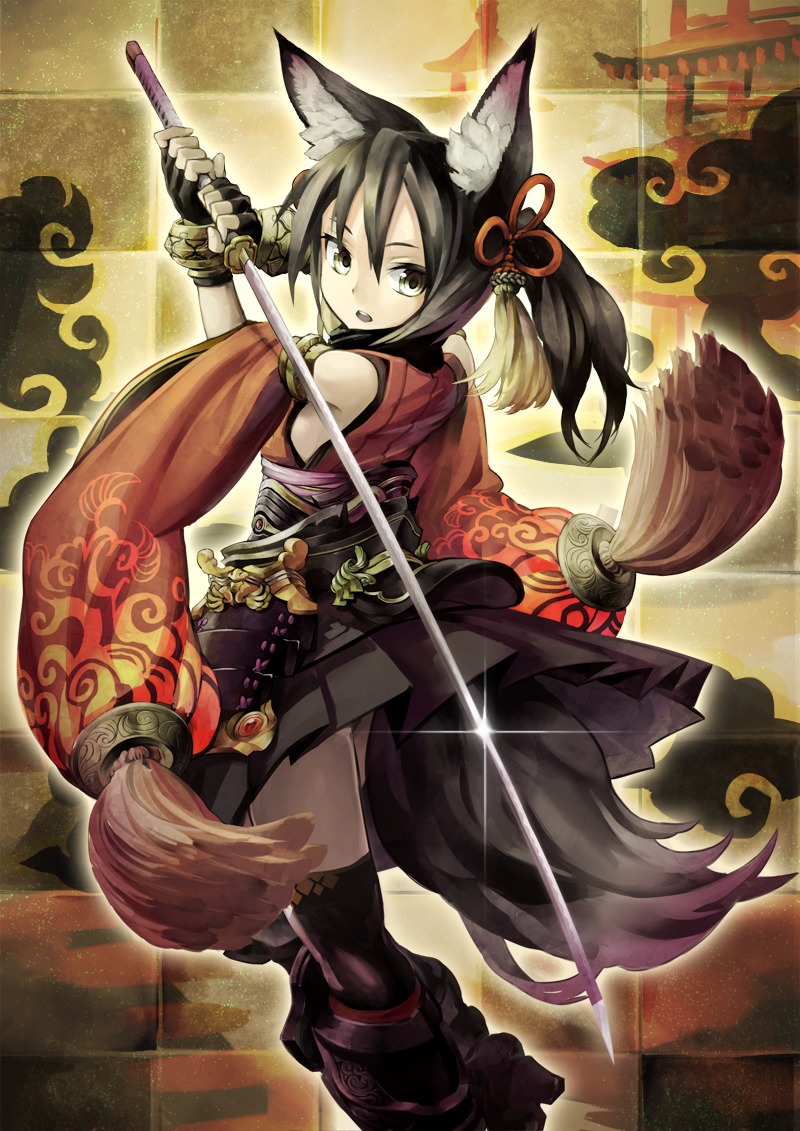 animal_ears armor bare_shoulders black_gloves black_hair black_legwear boots detached_sleeves fingerless_gloves fox_ears fox_tail gloves grey_eyes hair_ornament katana knee_boots long_hair looking_at_viewer open_mouth original ponytail shirt skirt solo sword tail thighhighs weapon wide_sleeves yoshimo_(yoshimo1516) zettai_ryouiki