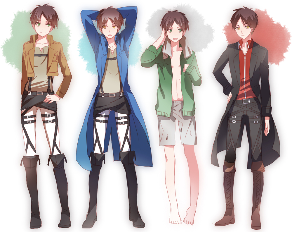 alternate_color alternate_costume black_hair boots brown_hair costume_chart eren_yeager green_eyes jacket long_sleeves michi_(iawei) multiple_persona open_mouth paradis_military_uniform shingeki_no_kyojin thigh_strap yellow_eyes