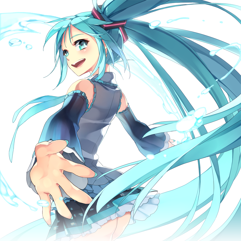 aqua_eyes aqua_hair detached_sleeves hatsune_miku karpin long_hair looking_back nail_polish necktie open_mouth outstretched_arms skirt solo spread_arms twintails very_long_hair vocaloid