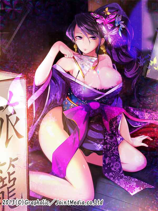 areola_slip areolae bare_shoulders breasts butterfly_hair_ornament earrings fan folding_fan hair_ornament japanese_clothes jewelry large_breasts long_hair mizunaka mole mole_under_eye off_shoulder original ponytail priget_plus purple_eyes purple_hair solo