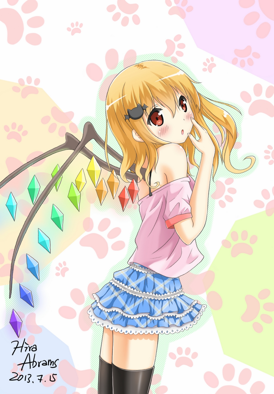 :o alternate_costume artist_name bare_shoulders bat_hair_ornament black_legwear blonde_hair blush contemporary dated fingernails flandre_scarlet hair_ornament hand_on_own_face highres hira_(zlpabrams) looking_at_viewer multicolored multicolored_background off_shoulder paw_print red_eyes shadow short_hair side_ponytail skirt solo tank_top thighhighs touhou wings