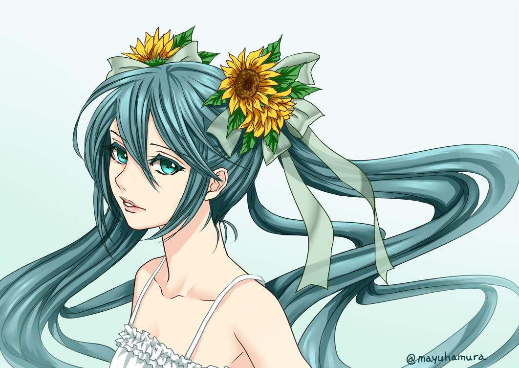 aqua_eyes aqua_hair artist_name flower hair_flower hair_ornament hamura_mayu hatsune_miku long_hair solo twintails upper_body vocaloid