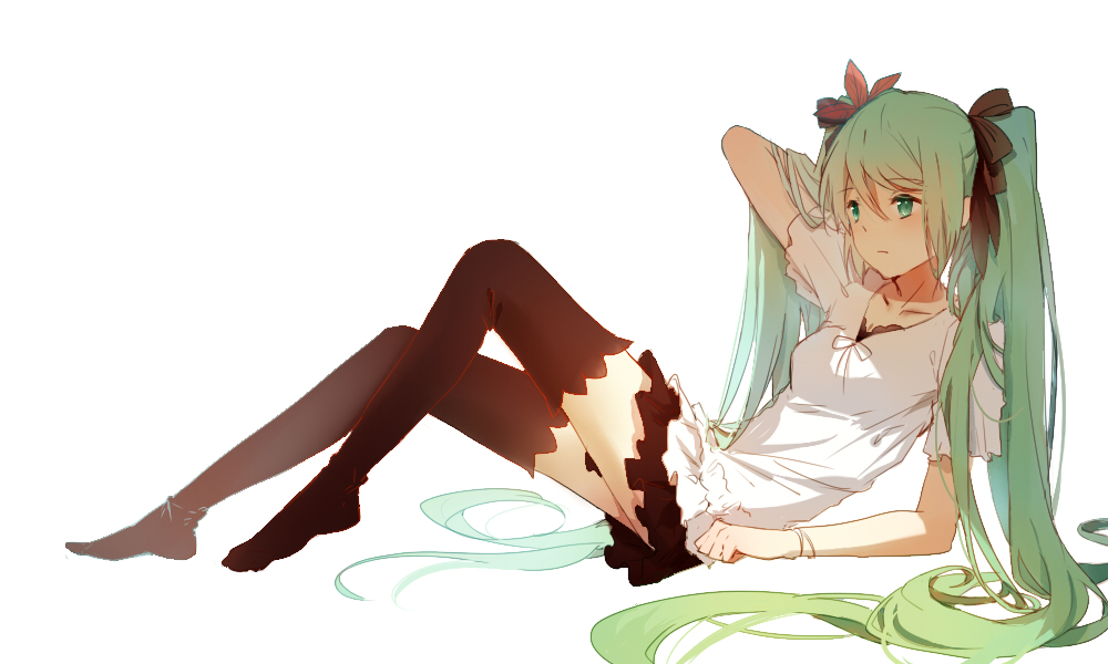 bad_id bad_pixiv_id bracelet green_eyes green_hair hatsune_miku jewelry long_hair reclining simple_background skirt solo thighhighs twintails very_long_hair vocaloid white_background world_is_mine_(vocaloid) xuehua