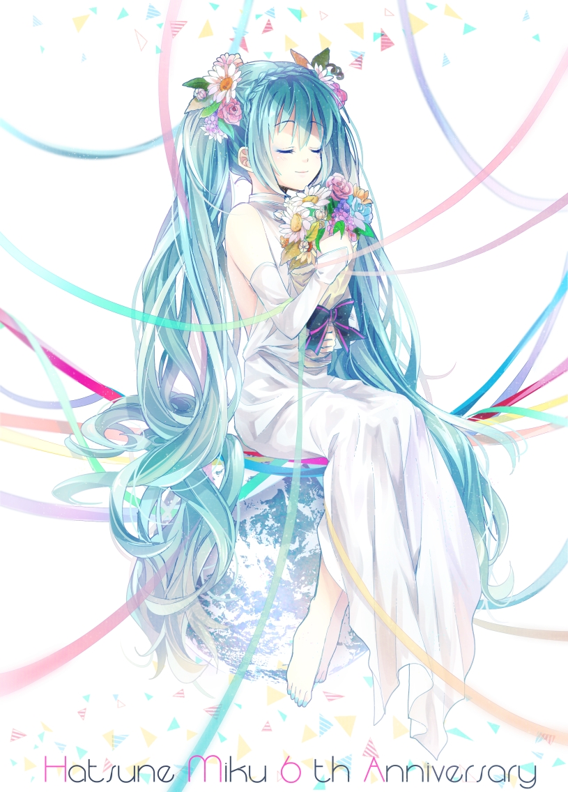 aqua_hair barefoot bouquet character_name detached_sleeves flower globe hair_flower hair_ornament hatsune_miku long_hair momoko_(momoko14) sitting smile solo twintails very_long_hair vocaloid