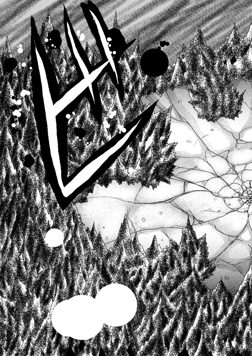 comic crater destruction forest greyscale highres image_sample monochrome nature niiko_(gonnzou) no_humans pixiv_sample touhou
