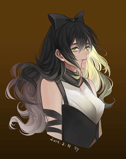 artist_name black_hair blake_belladonna bow brown_background dated dy_(372127010) hair_bow long_hair red_string rwby scarf simple_background solo string upper_body yellow_eyes