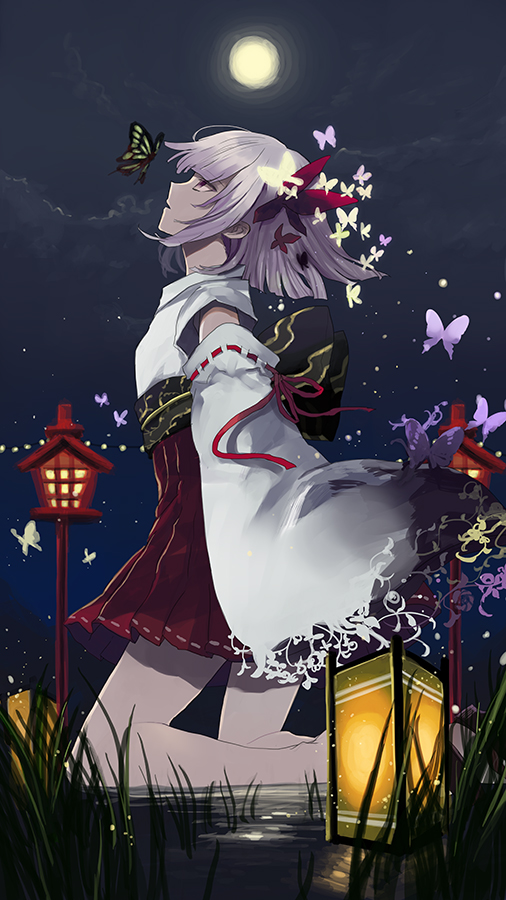 bad_id bad_pixiv_id banned_artist bug butterfly butterfly_hair_ornament cloud detached_sleeves full_moon grass hair_ornament hakama harano insect japanese_clothes kneeling lantern looking_up moon night night_sky obi original pantyhose profile red_hakama sash short_hair silver_hair sky solo water white_legwear