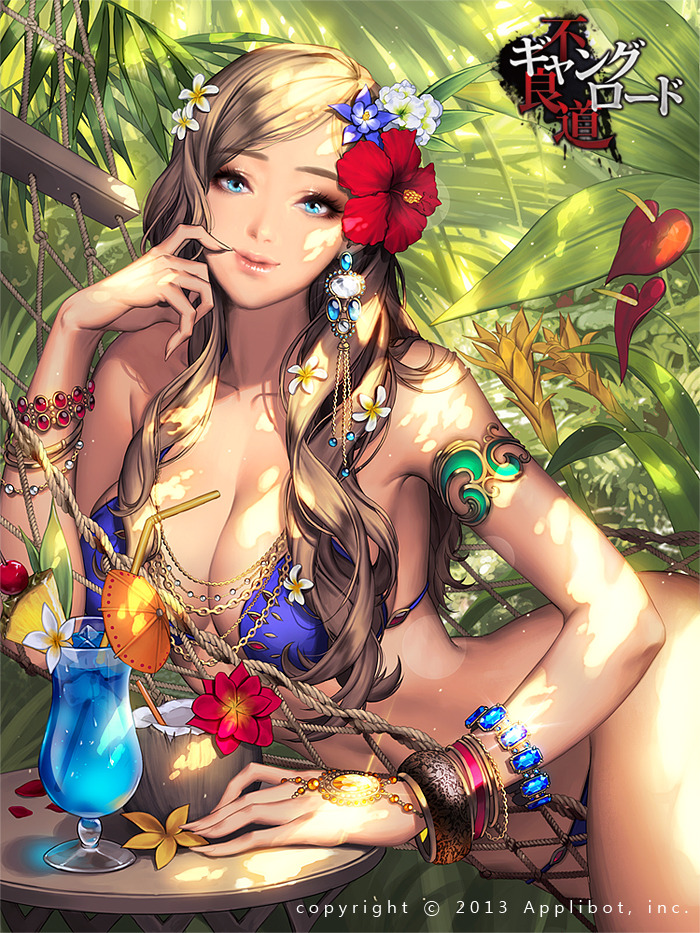 2013 anthurium armlet bangle bangs bendy_straw bikini blonde_hair blue_bikini blue_eyes blue_hawaii bracelet breasts bromeliad cherry cleavage cocktail cocktail_umbrella coconut company_name cup dappled_sunlight day drink drinking_straw earrings eyelashes finger_to_mouth fingernails flower food fruit fruit_cup furyou_michi_~gang_road~ gem hair_flower hair_ornament hammock hibiscus hurricane_glass jewelry juice large_breasts lipgloss lips long_fingernails long_hair looking_at_viewer love_cacao lying makeup mascara necklace on_stomach outdoors parted_bangs pineapple pineapple_slice plant smile solo sunlight swimsuit table takashima_suzune tropical_drink watermark