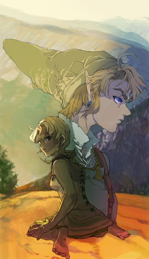 1girl ayana_(tannsann) bare_shoulders barefoot blonde_hair blue_eyes brown_eyes capri_pants earrings from_behind hat ilia_(zelda) jewelry link looking_at_viewer looking_back mountain pants parted_lips pointy_ears profile sitting sleeveless the_legend_of_zelda the_legend_of_zelda:_twilight_princess wariza