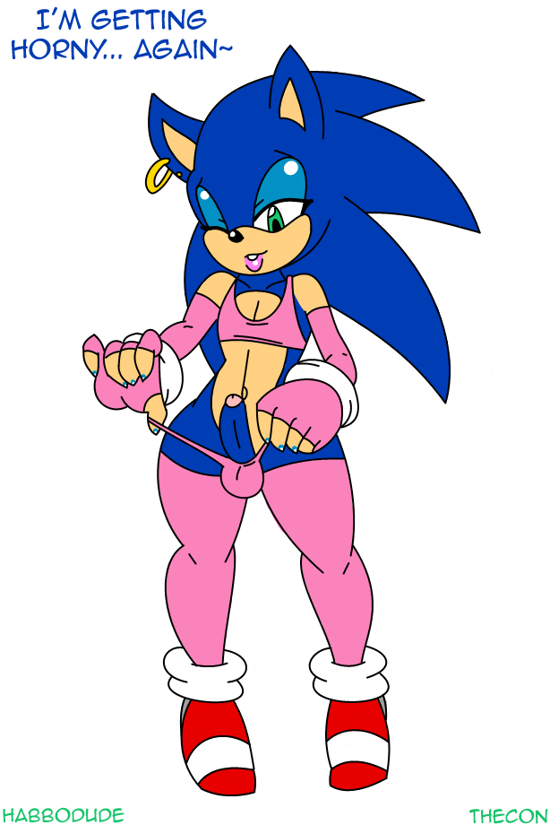 blue_hair ear_piercing english_text erection girly green_eyes habbodude hair hedgehog male mammal navel one_eye_closed penis piercing sega solo sonic_(series) sonic_the_hedgehog text thecon