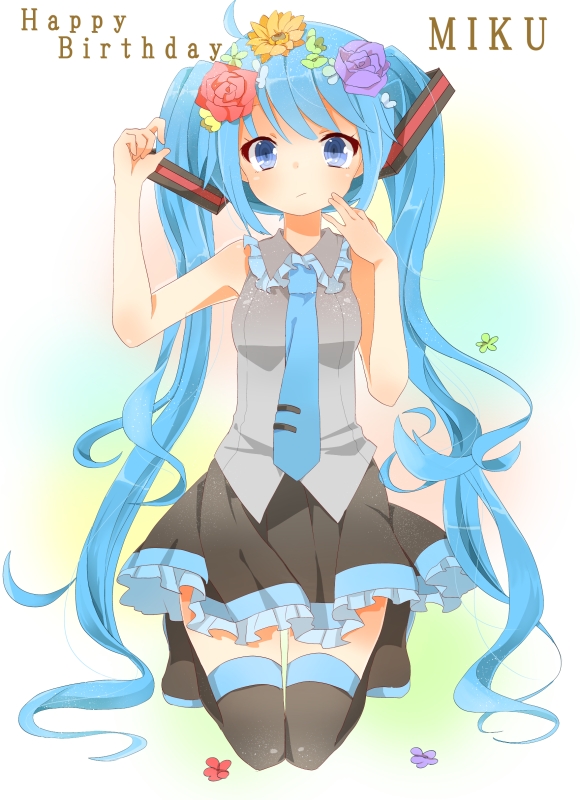 bad_id bad_pixiv_id blue_eyes blue_hair boots character_name detached_sleeves flower hair_flower hair_ornament happy_birthday hatsune_miku jimmy long_hair necktie skirt solo thigh_boots thighhighs twintails very_long_hair vocaloid