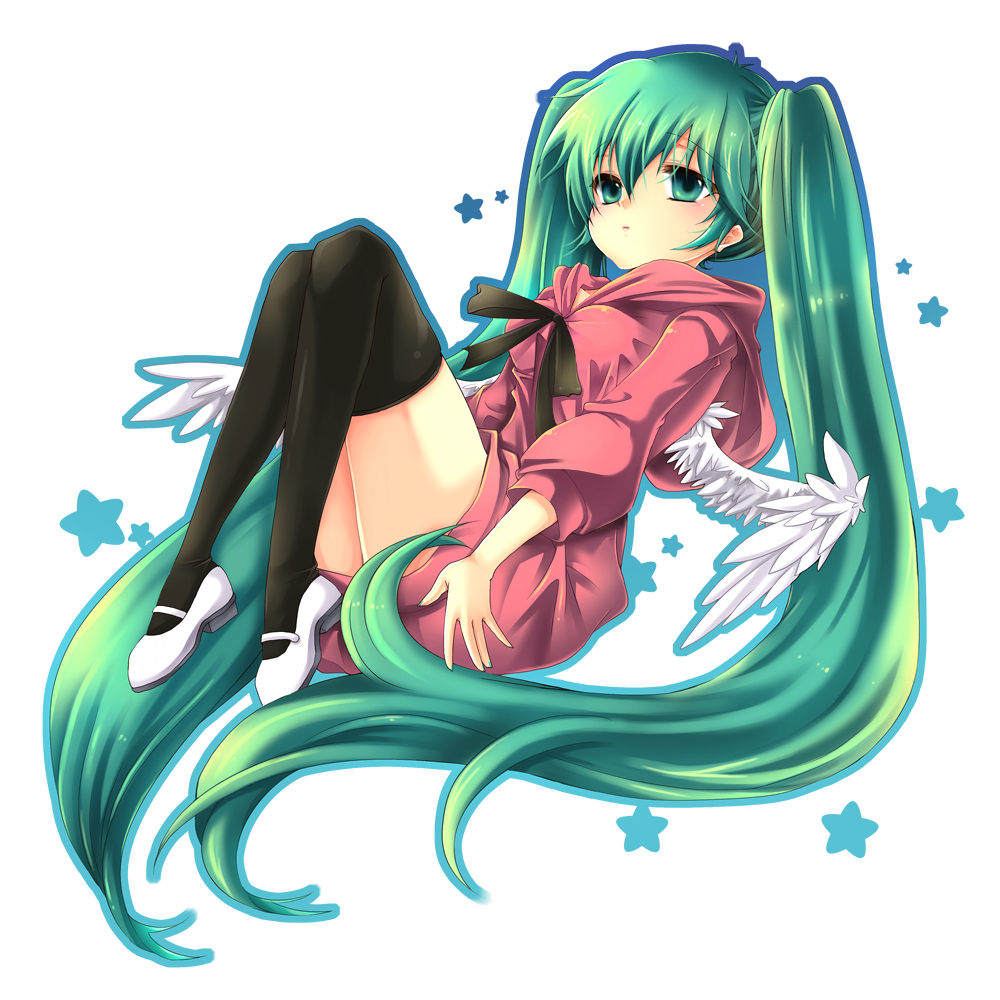 bad_id bad_pixiv_id full_body green_eyes green_hair hatsune_miku long_hair saeha solo thighhighs transparent_background twintails very_long_hair vocaloid wings