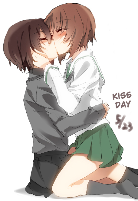 2girls arms_around_waist black_legwear brown_eyes brown_hair dated eyes_closed girls_und_panzer hand_on_another's_cheek hand_on_another's_face hand_on_another's_cheek hand_on_another's_face hard_translated hug incest kiss long_hair multiple_girls nishizumi_maho nishizumi_miho school_uniform seita serafuku siblings simple_background sisters sitting skirt straddle straddling thigh_straddling translated white_background yuri