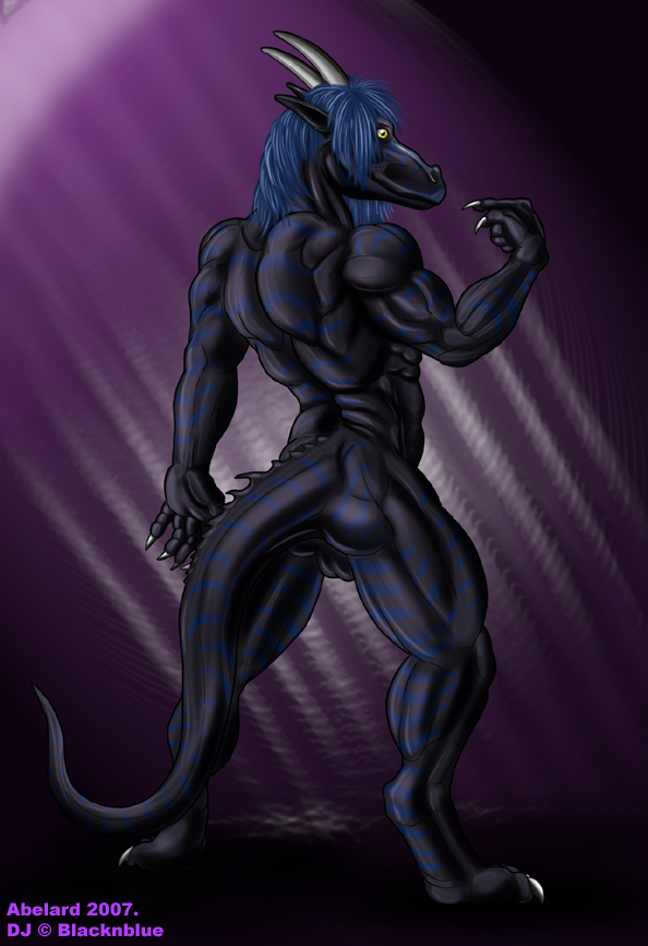 abelard abstract_background anthro back balls biceps black_skin blue_hair blue_skin butt claws dragon flexing grin hair horn male muscles nude pose purple_background reptile scales scalie smile solo standing toe_claws toned yellow_eyes