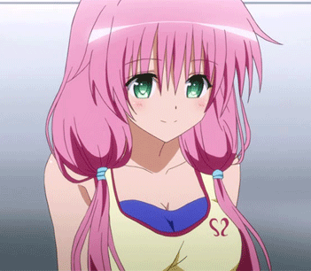 1girl animated animated_gif blush breasts green_eyes lala_satalin_deviluke large_breasts lowres pink_hair smile to_love-ru to_love-ru_darkness twintails