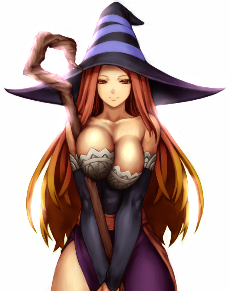 bare_shoulders breasts brown_eyes brown_hair cleavage dragon's_crown gradient_hair hat katagiri_(a1466502) large_breasts light_smile long_hair looking_at_viewer multicolored_hair red_eyes red_hair sash simple_background smile solo sorceress_(dragon's_crown) staff unaligned_breasts v_arms white_background wide_hips witch_hat