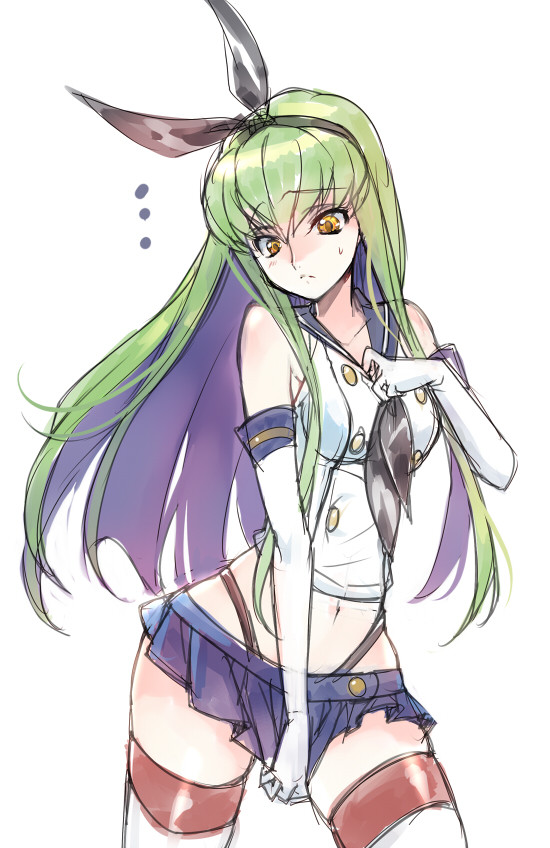 1girl bare_shoulders black_panties blush body_blush c.c. code_geass cosplay covering covering_crotch creayus elbow_gloves frown gloves green_hair hairband jpeg_artifacts kantai_collection long_hair midriff miniskirt navel panties shimakaze_(kantai_collection) shimakaze_(kantai_collection)_(cosplay) simple_background sketch skirt skirt_tug solo striped striped_legwear sweat thighhighs thong underwear white_background white_gloves yellow_eyes