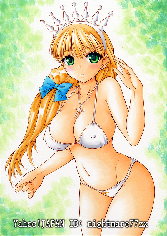 bikini blonde_hair blush bow breasts clalaclan_philias cleavage covered_nipples cross earrings green_eyes hair_bow jewelry large_breasts long_hair looking_at_viewer navel nightmare77zx parted_lips shining_(series) shining_wind solo strap_gap swimsuit tiara