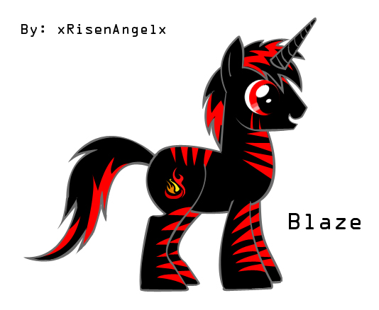 black_fur blaze cutie_mark equine friendship_is_magic horn horse male my_little_pony open_mouth original_character plain_background pony pony_creator red_eyes red_stripes smile stripes text two_tone_hair unicorn white_background xrisenangelx