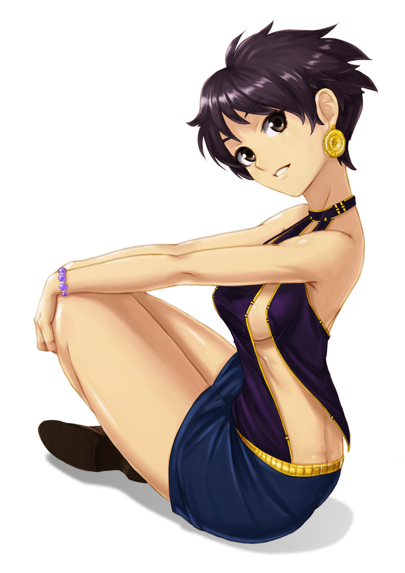 bad_id bad_pixiv_id bare_shoulders black_hair brown_eyes earrings jewelry legs original short_hair simple_background sitting skirt smile solo sumi_(mia5210) white_background