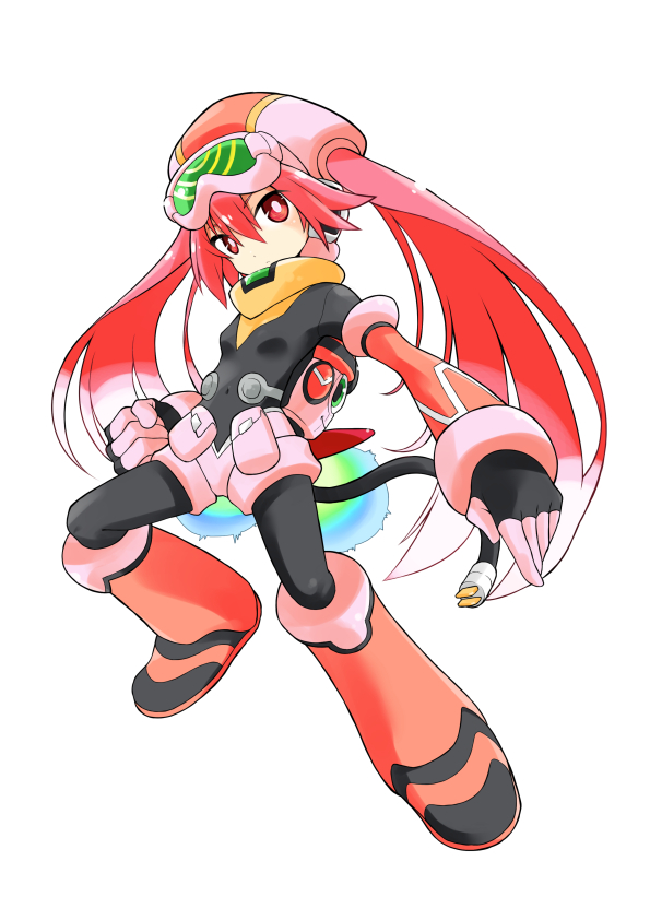 breasts cable call_(mighty_no._9) clenched_hand electric_plug goggles goggles_on_head hat io_naomichi long_hair mighty_no._9 pink_eyes pink_hair robot small_breasts solo twintails