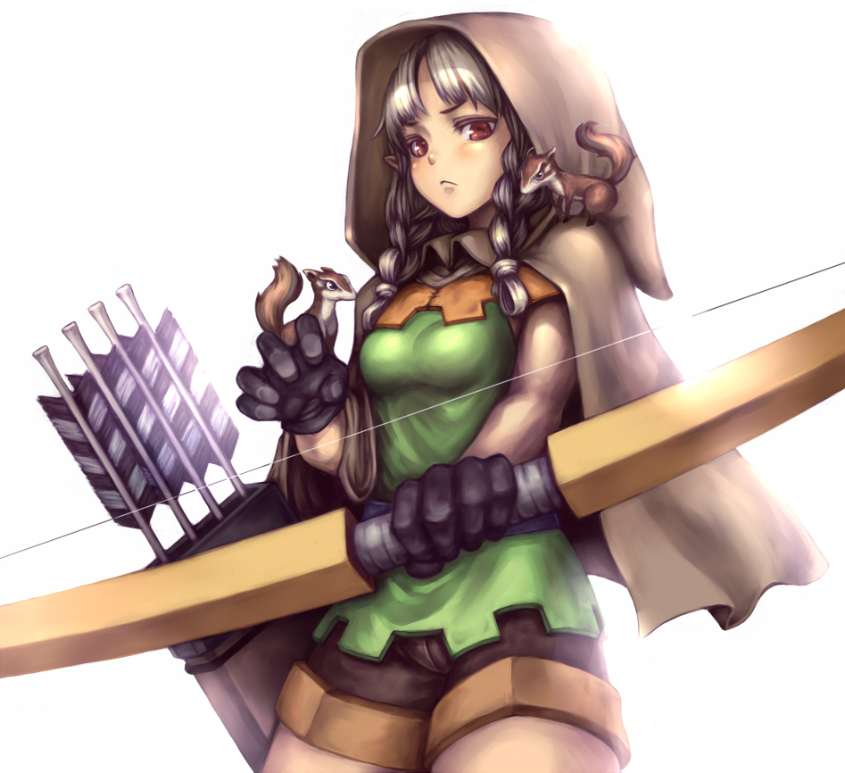 arrow bow_(weapon) braid breasts chipmunk dragon's_crown elf_(dragon's_crown) gloves hood hoodie katagiri_(a1466502) long_hair medium_breasts pout quiver red_eyes short_shorts shorts silver_hair simple_background solo squirrel twin_braids weapon white_background