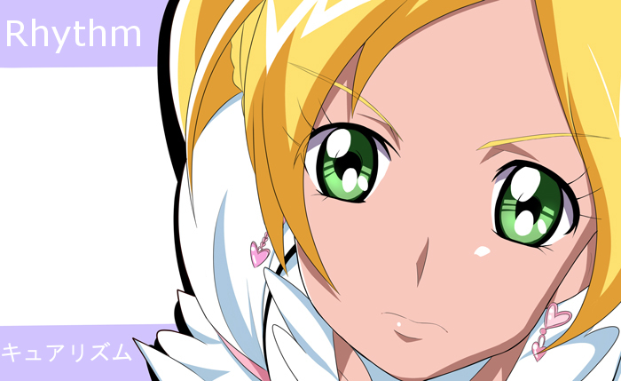 blonde_hair character_name choker cure_rhythm earrings face green_eyes haru_(nature_life) jewelry long_hair magical_girl minamino_kanade precure puffy_sleeves serious solo suite_precure white_choker