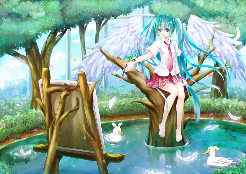 aqua_eyes aqua_hair bad_id bad_pixiv_id barefoot bird canvas_(object) duck easel feathers hatsune_miku long_hair necktie open_mouth sitting skirt solo toki_(toki-master) tree twintails very_long_hair vocaloid water wings