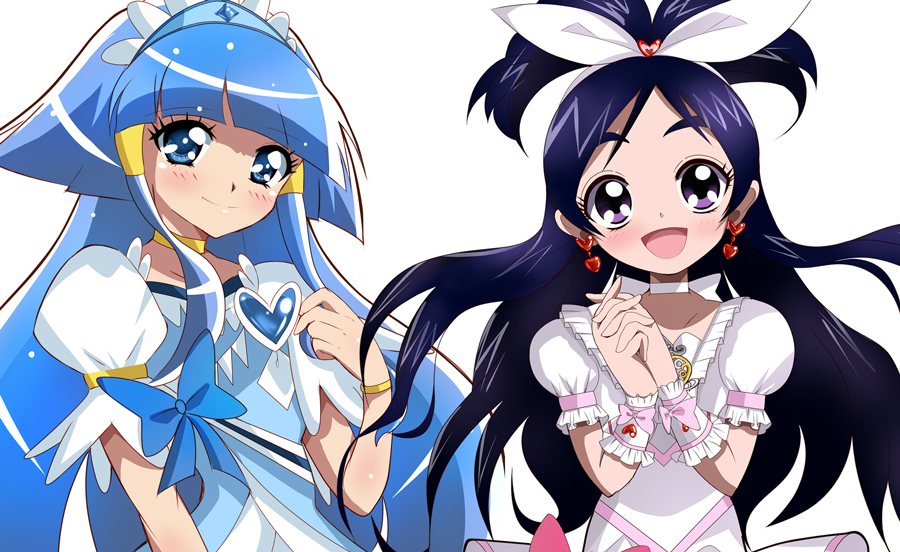 aoki_reika black_hair blue_bow blue_eyes blue_hair bow choker color_connection cosplay cure_beauty cure_diamond cure_diamond_(cosplay) cure_rhythm cure_rhythm_(cosplay) cure_white dokidoki!_precure earrings frills futari_wa_precure hair_bow hair_tubes hairband half_updo hands_clasped haru_(nature_life) jewelry long_hair magical_girl multiple_girls own_hands_together precure puffy_sleeves purple_eyes ribbon sidelocks smile smile_precure! suite_precure tiara white_background white_choker wrist_cuffs yukishiro_honoka