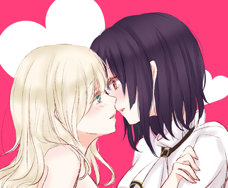 aqua_eyes atago_(kantai_collection) black_hair blonde_hair blush couple from_side heart imminent_kiss kantai_collection multiple_girls parted_lips profile red_eyes short_hair sui_(camellia) takao_(kantai_collection) yuri