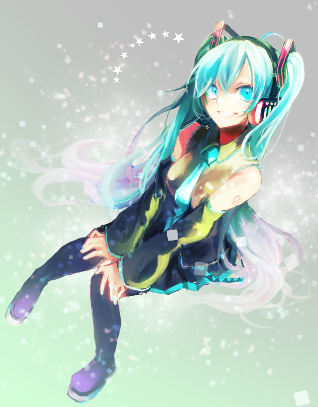 aqua_hair bad_id bad_pixiv_id bare_shoulders boots grin hatsune_miku headset long_hair miniskirt mr0308 necktie skirt smile solo thigh_boots thighhighs twintails vocaloid