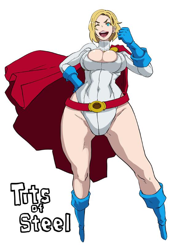 belt blonde_hair blue_eyes boots breasts butcha-u cape cleavage cleavage_cutout covered_navel dc_comics english gloves large_breasts leotard lips one_eye_closed open_mouth power_girl short_hair solo