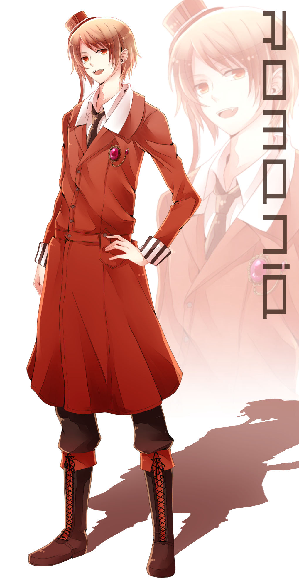 axis_powers_hetalia bad_id bad_pixiv_id blonde_hair character_name fang full_body grazie_(avvenire-aria) hat highres male_focus mini_hat mini_top_hat open_mouth red_eyes ribbon romania_(hetalia) smile solo top_hat