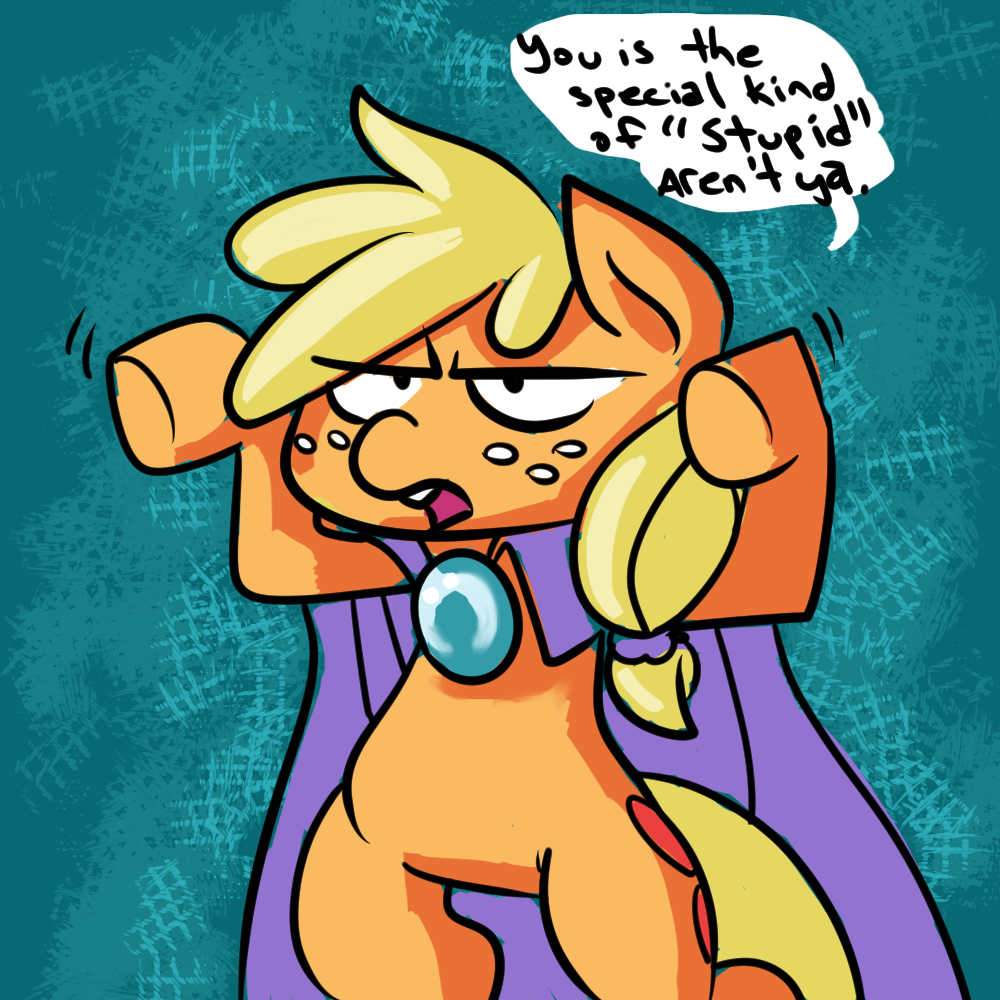 blonde_hair cape clothing cutie_mark dialog english_text equine fauxsquared female feral freckles friendship_is_magic fur green_eyes hair horse long_hair mammal my_little_pony open_mouth orange_fur pony solo standing teeth text