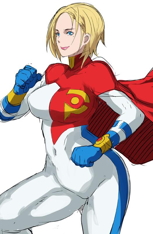 alternate_costume blonde_hair blue_eyes blue_gloves bodysuit bracelet breasts butcha-u cape clenched_hands covered_navel cowboy_shot dc_comics fighting_stance from_side gloves jewelry large_breasts light_smile lips lipstick looking_at_viewer looking_back makeup multicolored multicolored_bodysuit multicolored_clothes muscle pink_lipstick power_girl red_cape short_hair simple_background single_vertical_stripe sketch smile solo spread_legs standing superhero thick_thighs thighs turtleneck white_background white_bodysuit wide_hips