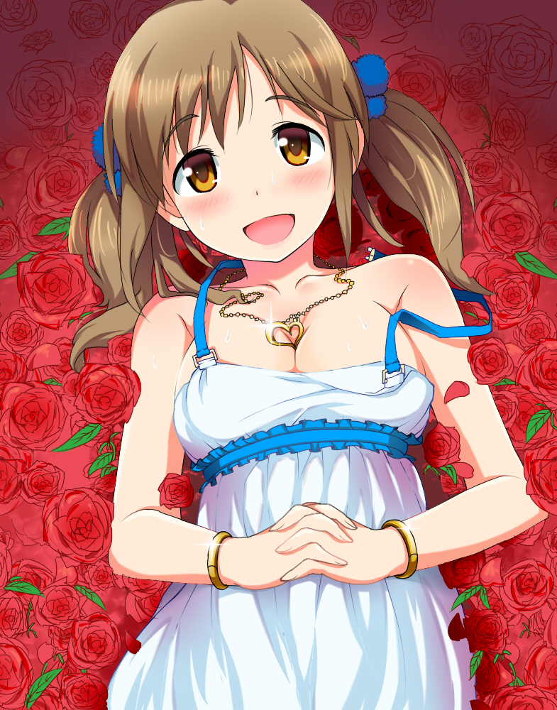 :d bare_shoulders blush bracelet breasts brown_hair cleavage dress flower flower_bed hands_clasped happy heart heart_necklace idolmaster idolmaster_cinderella_girls jewelry long_hair lying medium_breasts natsuya necklace on_back open_mouth own_hands_together rose smile solo strap_slip sweat totoki_airi twintails yellow_eyes
