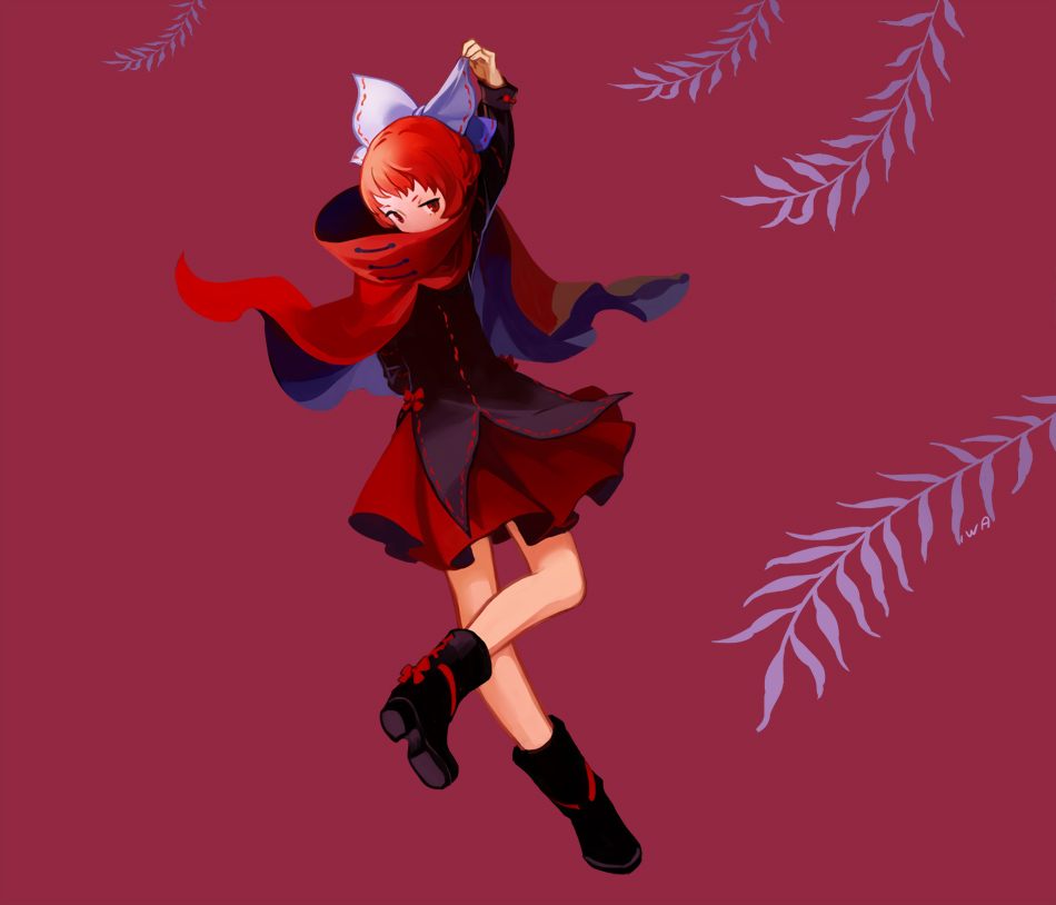 boots bow cape full_body hair_bow iwamoto_zerogo leaf long_sleeves looking_at_viewer nukekubi red_background red_eyes red_hair ribbon sekibanki severed_head short_hair signature simple_background skirt solo touhou willow