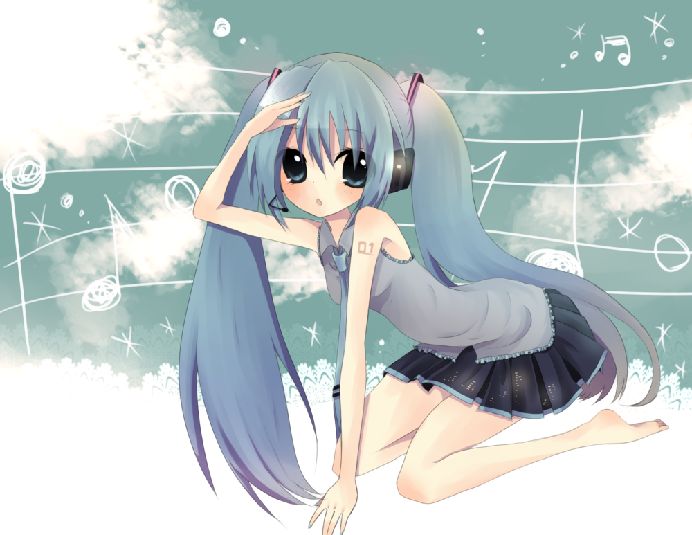 bad_id bad_pixiv_id barefoot blue_eyes blue_hair hatsune_miku headset long_hair musical_note necktie ou_(swdp) skirt solo staff_(music) twintails very_long_hair vocaloid