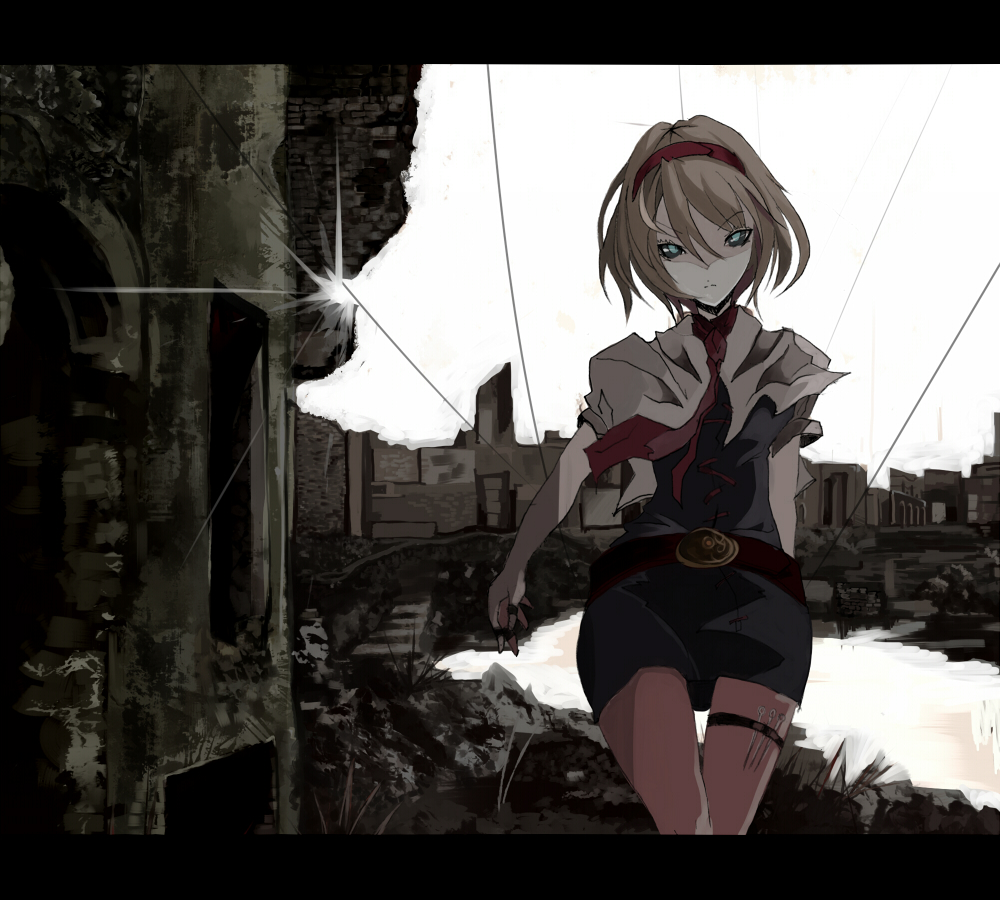alice_margatroid bad_id bad_pixiv_id blonde_hair blue_eyes city facing_viewer glaring hairband head_tilt letterboxed makai_no_juumin necktie needle puppet_rings puppet_strings reflection ruins serious short_hair skirt solo standing string thigh_gap thigh_strap touhou water