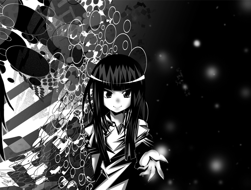 abstract bad_id bad_pixiv_id bangs blunt_bangs dress greyscale haruhara long_sleeves looking_at_viewer monochrome monoe outstretched_arms sidelocks solo upper_body yume_nikki