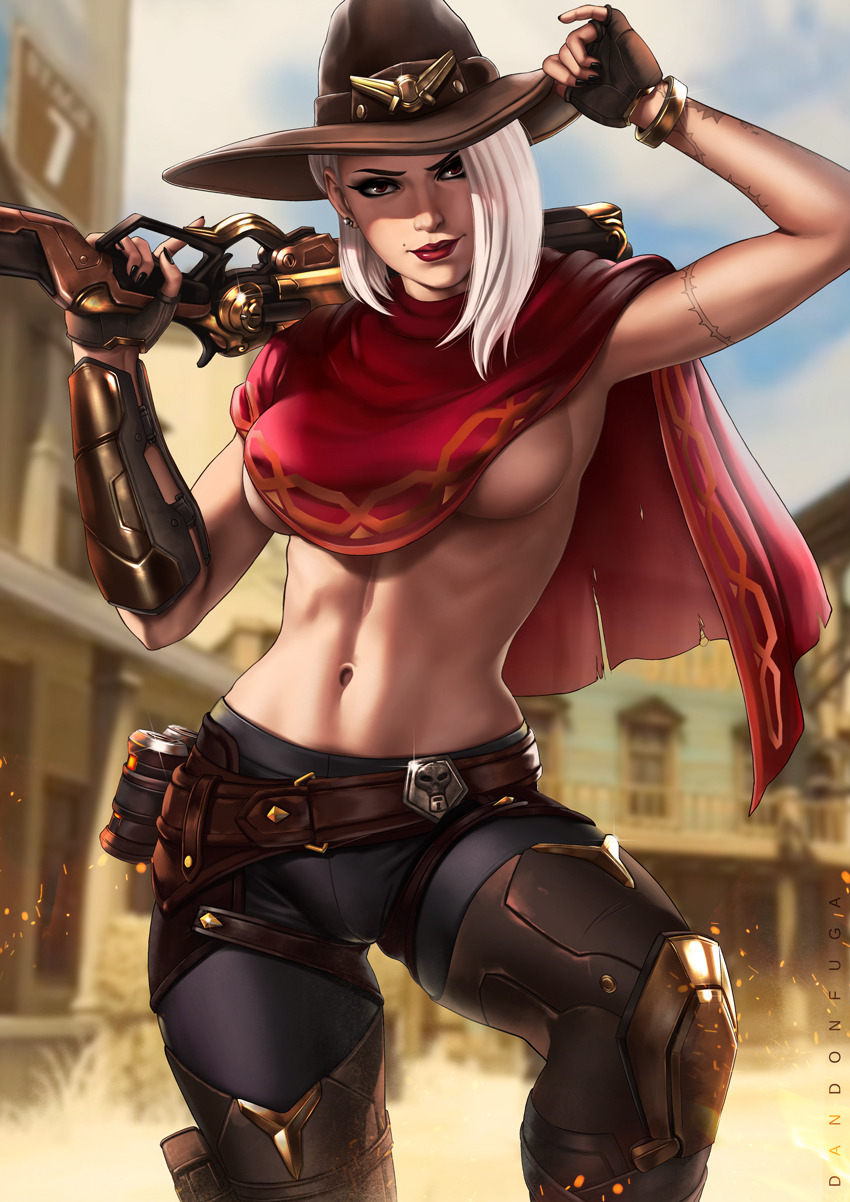 artist_name ashe_(overwatch) asymmetrical_hair belt blurry blurry_background bracelet bracer breasts building closed_mouth cowboy_hat dandon_fuga day earrings explosive fingerless_gloves gloves grenade gun hand_on_headwear hat highres holding holding_gun holding_weapon jewelry large_breasts lips lipstick looking_at_viewer makeup medium_breasts medium_hair mole_above_mouth nail_polish navel outdoors overwatch pants poncho red_eyes red_lipstick rifle shiny smile solo tattoo underboob weapon white_hair