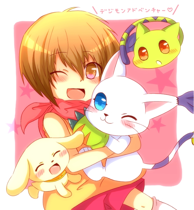 brown_hair close_eyes digimon digimon_adventure eyes_closed one_eye_closed open_mouth plotmon smile tailmon wink yagami_hikari