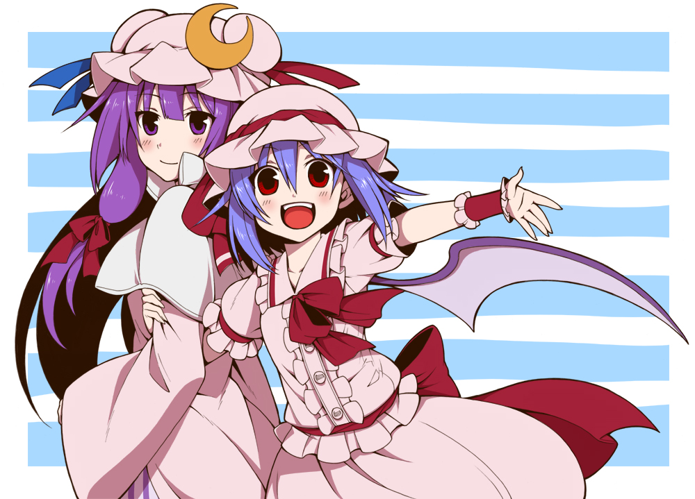 arm_holding blue_hair blush crescent eichi_yuu friends hair_ribbon hat horizontal-striped_background long_hair looking_at_viewer mob_cap multiple_girls open_mouth outstretched_arm patchouli_knowledge purple_eyes purple_hair red_eyes remilia_scarlet ribbon short_hair smile striped striped_background touhou tress_ribbon wings wrist_cuffs