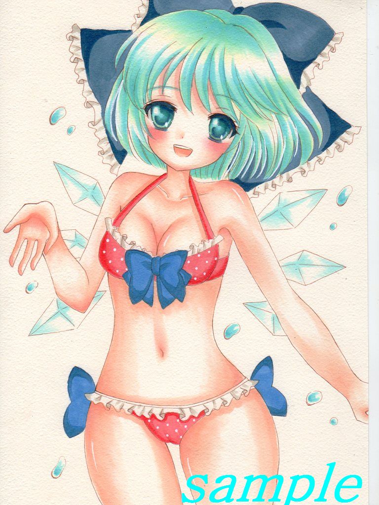 alternate_hair_color aqua_eyes aqua_hair bikini blush bow breasts cirno cleavage hair_bow halter_top halterneck ice ice_wings marker_(medium) medium_breasts navel pastel_(medium) polka_dot polka_dot_bikini polka_dot_swimsuit sample short_hair smile solo swimsuit touhou traditional_media wings yuu_(pangya0403)