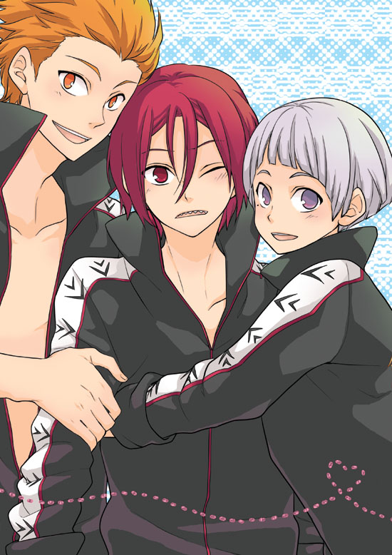 blue_eyes blush boy_sandwich free! grey_hair jacket male_focus matsuoka_rin mikoshiba_seijuurou mole mole_under_eye multiple_boys nitori_aiichirou open_mouth orange_eyes orange_hair red_eyes red_hair sandwiched sharp_teeth smile teeth track_jacket