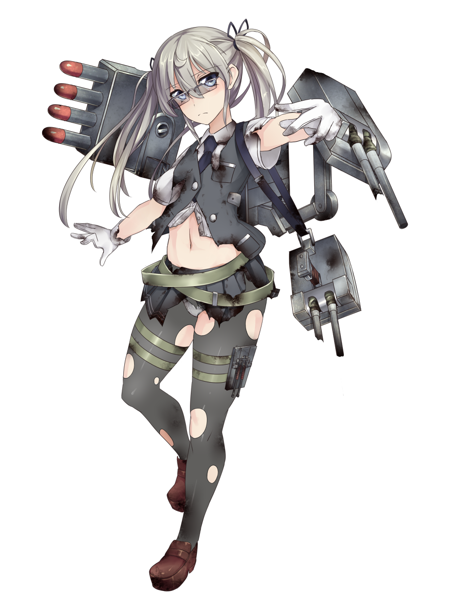bad_id bad_pixiv_id cannon full_body glasses gloves grey_eyes grey_hair highres kageshio_(276006) kageshio_(kageshio) kantai_collection loafers long_hair midriff original panties panties_under_pantyhose pantyhose shoes skirt solo standing standing_on_one_leg torn_clothes torn_legwear transparent_background twintails underwear
