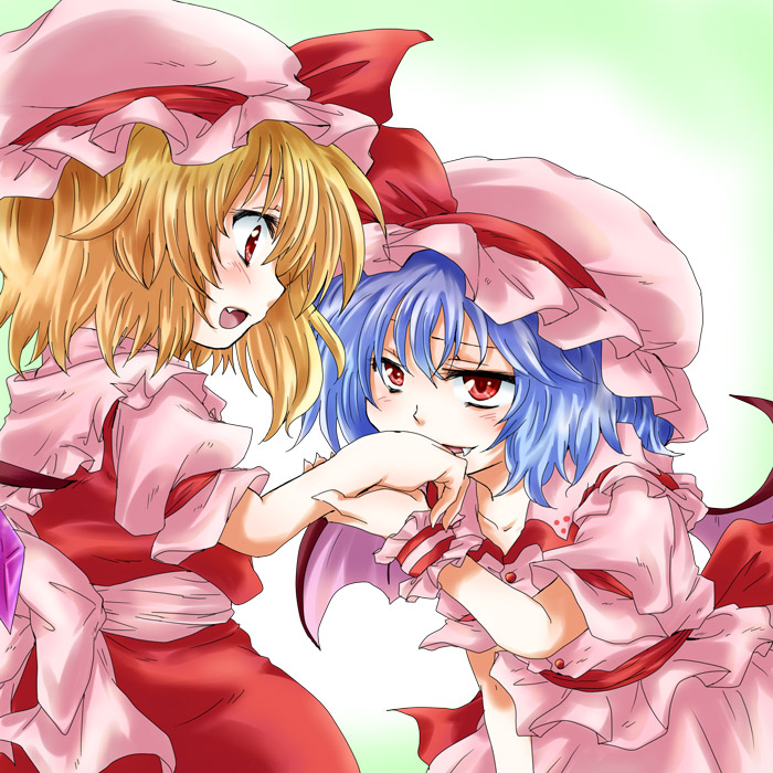 bat_wings blonde_hair blue_hair blush bow eye_contact fang flandre_scarlet gradient gradient_background hand_kiss hat hat_ribbon kiss looking_at_another mob_cap multiple_girls open_mouth red_eyes remilia_scarlet ribbon short_hair siblings simple_background sisters skirt skirt_set touhou unya wings wrist_cuffs wrist_grab