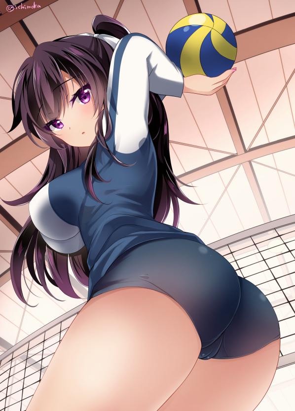 1girl :o arms_behind_back arms_up ass ball bangs black_hair blue_buruma blue_shirt blush breasts buruma cameltoe commentary_request cowboy_shot day eyebrows_visible_through_hair from_below gym hair_ribbon holding holding_ball ichiyou_moka indoors jacket large_breasts long_hair long_sleeves looking_at_viewer nail_polish one_side_up original parted_lips pink_nails purple_eyes ribbon shirt solo standing thighs track_jacket twitter_username volleyball white_ribbon window